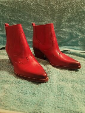 Sam Edelman Red Leather Pointed Western Ankle Boots